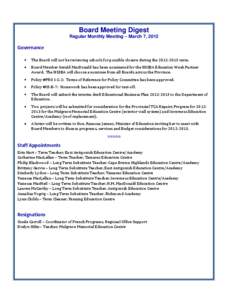 Board Meeting Digest Regular Monthly Meeting – March 7, 2012