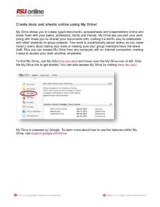 Create docs and sheets online using My Drive! My Drive allows you to create typed documents, spreadsheets and presentations online and share them with your peers, professors, family and friends. My Drive lets you edit yo