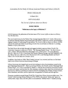  Association for the Study of African American History and Culture (ASALH)    PRESS RELEASE    24 March 2014 