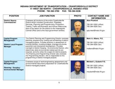 INDIANA DEPARTMENT OF TRANSPORTATION – CRAWFORDSVILLE DISTRICT 41 WEST 300 NORTH – CRAWFORDSVILLE, INDIANA[removed]PHONE: [removed]FAX: [removed]POSITION District Deputy Commissioner