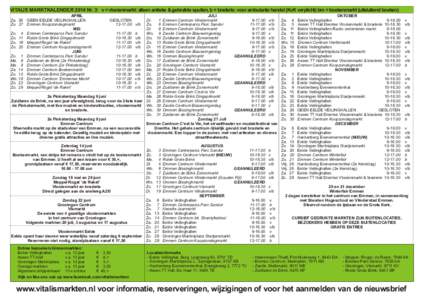 VITALIS MARKTKALENDER 2014 Nr. 3: v = vlooienmarkt: alleen antieke & gebruikte spullen, b = braderie: voor ambulante handel (KvK verplicht) bm = boekenmarkt (uitsluitend boeken) APRIL Za. 26 GEEN EELDE VEILINGHALLEN Zo. 