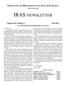 INSTITUTE ON RELIGION IN AN AGE OF SCIENCE www.iras.org IRAS NEWSLETTER Volume 60, Number 1
