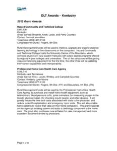 DLT Awards – Kentucky 2012 Grant Awards Hazard Community and Technical College $243,836 Kentucky Areas Served: Breathitt, Knott, Leslie, and Perry Counties