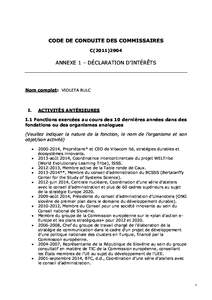 CODE DE CONDUITE DES COMMISSAIRES C[removed]ANNEXE 1 – DÉCLARATION D’INTÉRÊTS  Nom complet: VIOLETA BULC