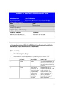 Summary of Regulatory Impact Analysis (RIA) Department/Office: Title of Legislation:  Department of Jobs,