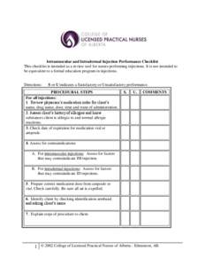 Intramuscular and Intradermal Injection Performance Checklist This checklist is intended as a review tool for nurses performing injections. It is not intended to be equivalent to a formal education program in injections.