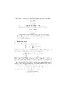 Newton’s identities and the pentagonal number theorem Jordan Bell  Department of Mathematics, University of Toronto April 3, 2014