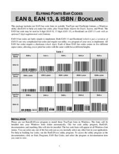 ELFRING FONTS BAR CODES  EAN 8, EAN 13, & ISBN / BOOKLAND This package includes ten EAN bar code fonts in scalable TrueType and PostScript formats, a Windows utility (BarEAN) to help you make bar codes, plus Visual Basic