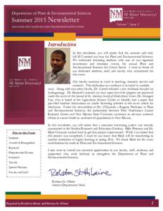 Department of Plant & Environmental Sciences  Summer 2015 Newsletter aces.nmsu.edu/academics/pes/departmental-achievement  Volume 7, Issue 2
