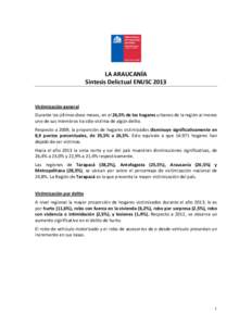 LA ARAUCANÍA Síntesis Delictual ENUSC 2013 Victimización general Durante los últimos doce meses, en el 26,5% de los hogares urbanos de la región al menos uno de sus miembros ha sido víctima de algún delito.