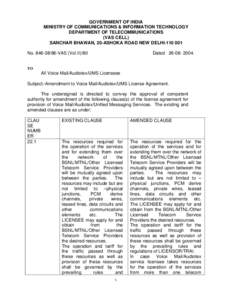 GOVERNMENT OF INDIA MINISTRY OF COMMUNICATIONS & INFORMATION TECHNOLOGY DEPARTMENT OF TELECOMMUNICATIONS (VAS CELL) SANCHAR BHAWAN, 20-ASHOKA ROAD NEW DELHI[removed]No[removed]VAS (Vol.II)/80
