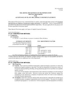 [removed]a-d[removed]OKLAHOMA DEPARTMENT OF TRANSPORTATION SPECIAL PROVISIONS FOR ACCEPTANCE OF PLANT MIX ASPHALT CONCRETE PAVEMENT
