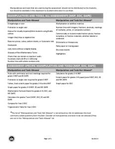 Manipulatives and tools that are used during the assessment should not be distributed to the students, but should be available in the classroom to students who elect to use them. MANIPULATIVES AND TOOLS, ALL ASSESSMENTS 