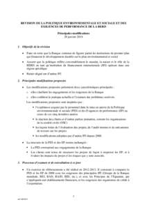 REVISION DE LA POLITIQUE ENVIRONNEMENTALE ET SOCIALE ET DES EXIGENCES DE PERFORMANCE DE LA BERD Principales modifications 20 janvier[removed]Objectifs de la révision 