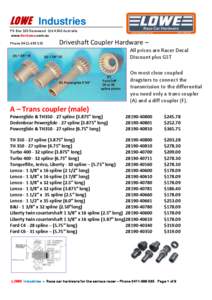 LOWE Industries PO Box 180 Rosewood Qld 4340 Australia www.KenLowe.com.au Phone[removed]Driveshaft Coupler Hardware –