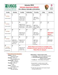 January 2012  Volcano Awareness Month   At‐a‐Glance Calendar of Activities  Sunday   Monday 
