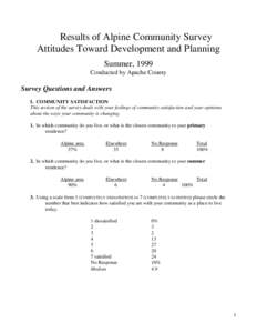 Results of Alpine Community Survey Attitudes Toward Development and Planning Summer, 1999 Conducted by Apache County  Survey Questions and Answers