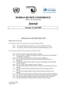 DURBAN REVIEW CONFERENCE Geneva, 20-24 April 2009 Journal Tuesday, 21 April 2009