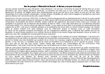 Vent de panique à l’Université du Burundi : le Recteur y est pour beaucoup! Les plus hautes autorités du pays devraient y faire attention! L’air de rien, l’Université du Burundi semble être sur un feu dévorat