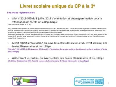 Livret unique scolaire du cours préparatoire (CP) à la 3e