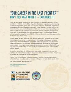 Internship / Alaska Department of Fish and Game / Fisheries science / Alaska / Fisheries management / Education / Learning / Employment