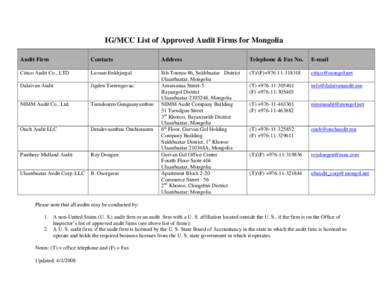 IG/MCC List of Approved Audit Firms for Mongolia