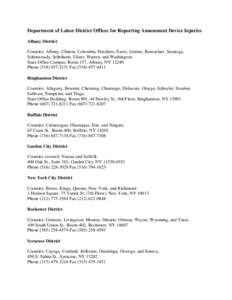 Department of Labor District Offices for Reporting Amusement Device Injuries Albany District Counties: Albany, Clinton, Columbia, Dutchess, Essex, Greene, Rensselaer, Saratoga, Schenectady, Schoharie, Ulster, Warren, and