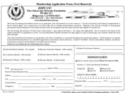 Membership Application Form (New/Renewal)  JOIN US! The China Lake Museum Foundation PO Box 217