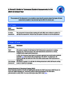A	
  Parent’s	
  Guide	
  to	
  Tennessee	
  Student	
  Assessments	
  in	
  the	
   2014-­‐15	
  School	
  Year	
   The	
  purpose	
  of	
  this	
  document	
  is	
  to	
  provide	
  an	
  over