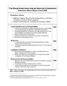 THE MAINE SUBSTANCE ABUSE SERVICES COMMISSION Substance Abuse Report Card 2008 Evaluation criteria: ¾ 2006 Join Together Blue Print Recommendations to the States Yardsticks to measure Maine’s progress1