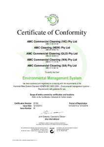 Certificate of Conformity AMC Commercial Cleaning (VIC) Pty Ltd ABN: [removed]AMC Cleaning (NSW) Pty Ltd ABN: [removed]