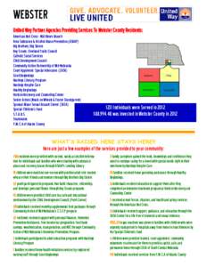 WEBSTER United Way Partner Agencies Providing Services To Webster County Residents: American Red Cross - Mid Rivers Branch Area Substance & Alcohol Abuse Prevention (ASAAP) Big Brothers/Big Sisters Boy Scouts, Overland T