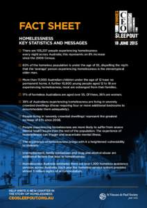 FACT SHEET HOMELESSNESS KEY STATISTICS AND MESSAGES There are 105,237 people experiencing homelessness every night across Australia; this represents an 8% increase since the 2006 Census.