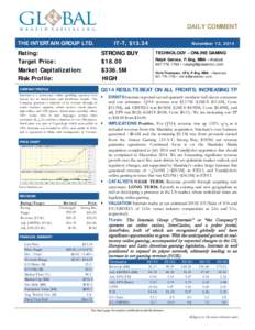 Equity Research  DAILY COMMENT THE INTERTAIN GROUP LTD.  Rating: