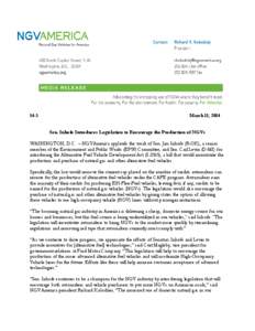 14-3  March 11, 2014 Sen. Inhofe Introduces Legislation to Encourage the Production of NGVs  WASHINGTON, D.C. – NGVAmerica applauds the work of Sen. Jim Inhofe (R-OK), a senior