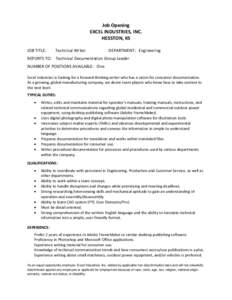 Job Opening EXCEL INDUSTRIES, INC. HESSTON, KS JOB TITLE:  Technical Writer