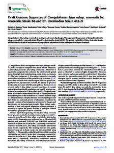 crossmark  Draft Genome Sequences of Campylobacter fetus subsp. venerealis bv. venerealis Strain B6 and bv. intermedius Strain[removed]Roberto A. Barrero,a Paula Moolhuijzen,a Léa Indjein,b Bronwyn Venus,c Gabriel Keeble