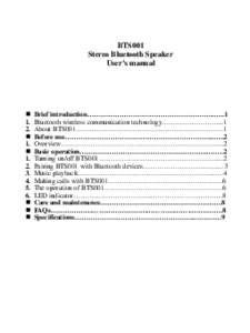 BTS001 Stereo Bluetooth Speaker User’s manual  1.