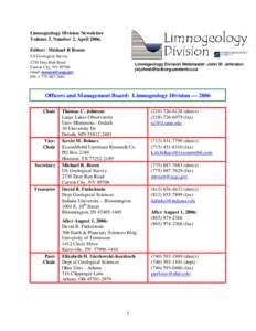 Limnogeology Division Newsletter Volume 3. Number 2. AprilEditor: Michael R Rosen US Geological Survey 2730 Deer Run Road Carson City, NV 89706