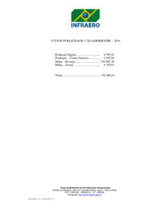 CUSTOS PUBLICIDADE 1º QUADRIMESTRE – 2014  Produção Digital................................ 4.795,91 Produção – Custos Internos.955,04 Mídia – Revistas ............................... 