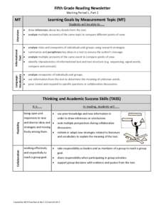 Fifth Grade Reading Newsletter Marking Period 1, Part 2 Learning Goals by Measurement Topic (MT)  MT