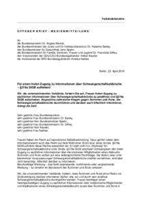 Verbändebündnis  OFFENER BRIEF - MEDIENMITTEILUNG An die Bundeskanzlerin Dr. Angela Merkel,