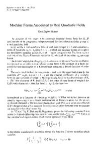 lnventiones math. 30, by Springer-Verlag 1975 Modular Forms Associated to Real Quadratic Fields D o n Zagier (Bonn) The purpose of this paper is to construct modular forms, both for SL27Z