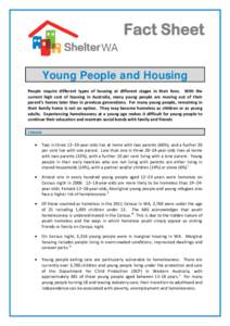 Fact Sheet Young People and Housing People require different types of housing at different stages in their lives. With the current high cost of housing in Australia, many young people are moving out of their parent’s h