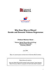 Who Does What to Whom? Gender and Domestic Violence Perpetrators Professor Marianne Hester Violence Against Women Research Group School for Policy Studies