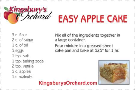 Easy Apple Cake 3 c. flour 2 c. of sugar 1 c. of oil 3 eggs 1 tsp. salt