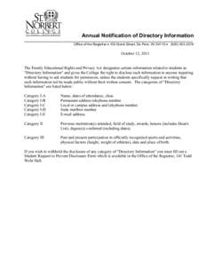 Annual Notification of Directory Information __________________________________________________________________________________________ Office of the Registrar • 100 Grant Street, De Pere, WI 54115 • ([removed]O