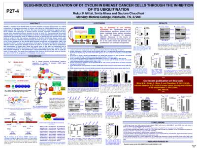 P27-4  SLUG-INDUCED ELEVATION OF D1 CYCLIN IN BREAST CANCER CELLS THROUGH THE INHIBITION OF ITS UBIQUITINATION Mukul K Mittal, Smita Misra and Gautam Chaudhuri Meharry Medical College, Nashville, TN, 37208