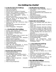 Your Wedding Day Checklist 6-12 Months before the Wedding 1 Month before the Wedding Determine the Budget  Final fittings for Bride, Attendants, Groom &  Draw up the Guest List