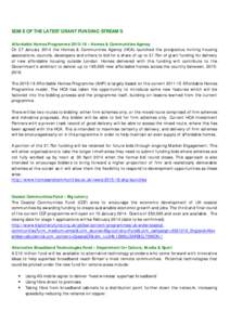 SOME OF THE LATEST GRANT FUNDING STREAMS Affordable Homes Programme[removed] – Homes & Communities Agency On 27 January 2014 the Homes & Communities Agency (HCA) launched the prospectus inviting housing